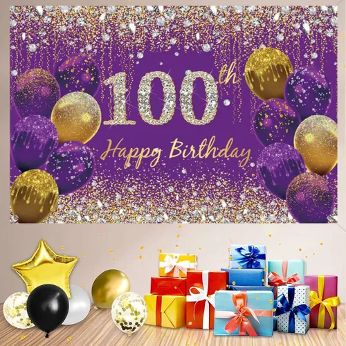 Miniatura 5 de Decoración de cumpleaños número 100 para mujer, póster de tela morada, decoración de fiesta de nacimiento y fiesta, pancarta de fondo 100 pies B