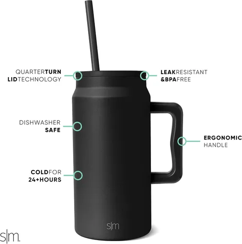 Miniatura 2 de Simple Modern - Vaso de 1,5 l con asa y tapa con pajita, botella de agua grande de acero inoxidable reutilizable con aislamiento, regalos