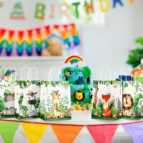 Miniatura 7 de Pajean Bolsas de Golosinas Safari Animales de la Selva Bolsas de Favores de Fiesta con Asas Estampado de Animales del Zoológico Dulces de Favores