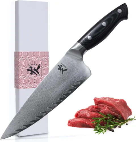 Miniatura 11 de SAMCOOK Cuchillo de chef de damasco - Cuchillo Gyuto profesional de 8 pulgadas y afilado - Cuchillo de cocina japonés de acero inoxidable VG-10