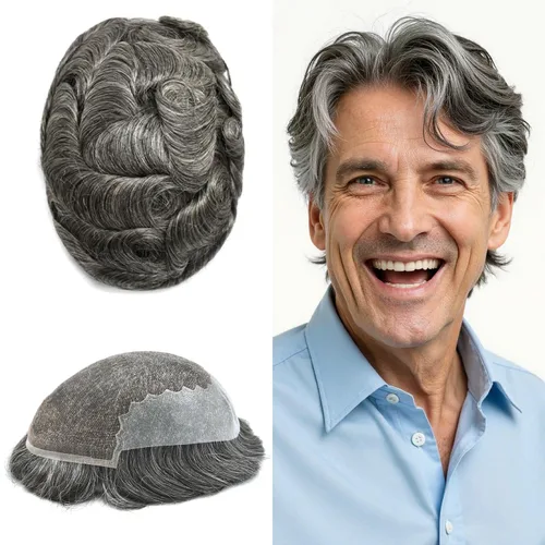 Miniatura 135 de Toupee - Sistemas de reemplazo de cabello para hombre, encaje frontal suizo, nudo blanqueado, pieza de cabello humano natural 1# negro azabache, 8 x