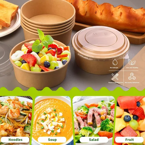 Miniatura 5 de Paquete de 25 envases de papel de 25 onzas, contenedores de alimentos desechables con tapas, cuencos desechables, cuencos de ensalada desechables