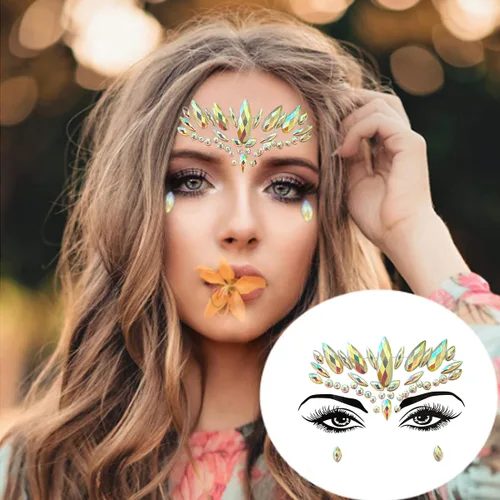Miniatura 7 de Gemas faciales 4 hojas de joyas para la cara pegadas en diamantes de imitación, calcomanías de cristal luminoso, piedras preciosas temporales