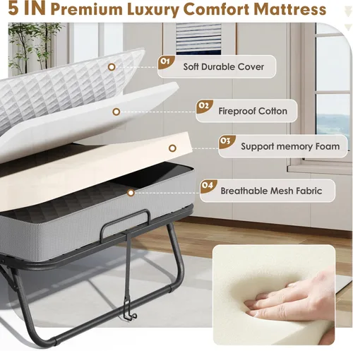 Miniatura 4 de Bonusall Cama plegable con colchón, cama plegable con ruedas tamaño catre de 75" x 31", espuma viscoelástica de 5" de grosor, camas que ahorran