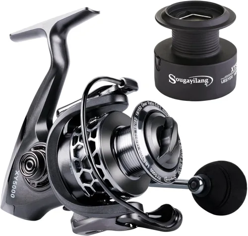 Sougayilang Carrete de pesca 13+1BB peso ligero ultra suave aluminio Spinning carrete de pesca con carrete de grafito de repuesto gratis