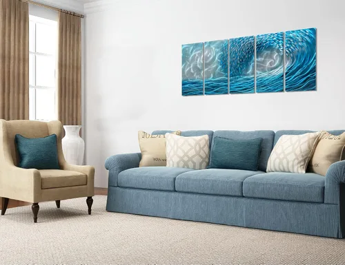 Miniatura 5 de BATRENDY ARTS Arte de pared de metal con ondas azules, escultura colgante en 3D, pintura de aluminio pulido a mano para sala de estar, dormitorio