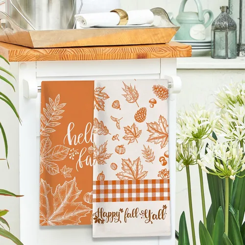 Miniatura 8 de Toallas de cocina de otoño, juego de 2, calabazas de otoño con hojas de arce, naranja a cuadros, paños de cocina para baño, temporada de Acción