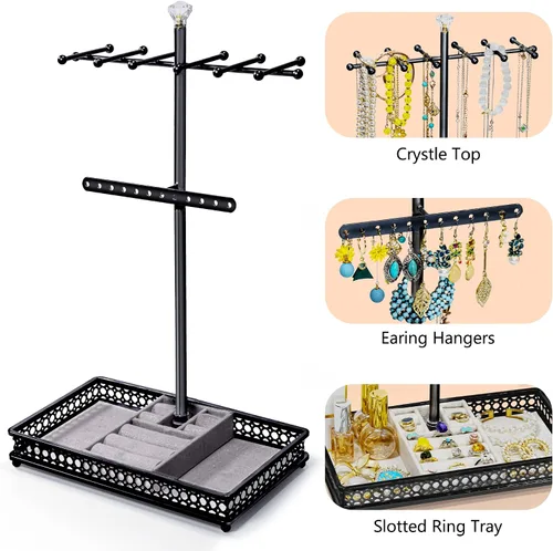 Miniatura 5 de Meangood Organizador de soporte para árbol de joyería, organizador de collares 3 en 1, exhibición de pulseras, aretes y bandeja para anillos