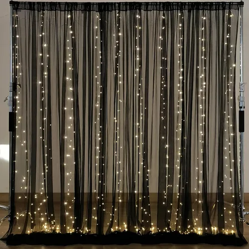 Cortina de telón de fondo de tul negro de 10 x 10 pies con cadena de luces para fiestas, cortinas de fondo de fotos transparentes para bodas,