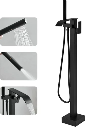 RUMOSE Grifo Llenador de Bañera Independiente Grifo de Bañera Negro Mate Montaje en Piso Grifo de Bañera Cascada Independiente Llenador de Bañera de
