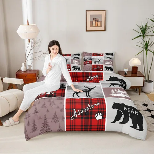 Miniatura 80 de Juego de edredón de oso y ciervo, tamaño individual, ropa de cama de animales salvajes de caza, colcha rústica de cabaña, casa de campo, cuadros