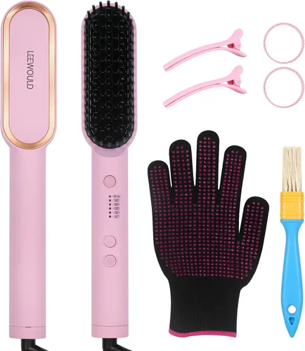 Peine caliente eléctrico, cepillo calentado, alisador de cabello para mujer, bueno para cabello grueso, control de calor, alisado efectivo, rosa