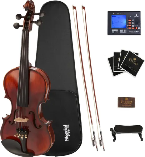 Mendini By Cecilio Juego de violín de 1/2 para principiantes, madera maciza negra, juego de violines acústicos flameados con estuche, afinador,