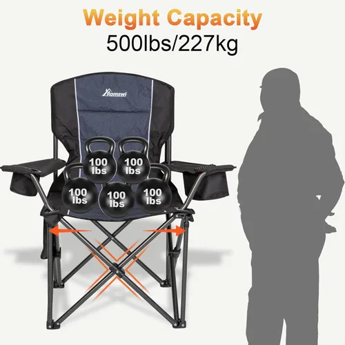 Miniatura 5 de Romswi Sillas de Camping de Gran Tamaño, Soporte Resistente de 227 KG, Sillas Deportivas con Respaldo y Brazos Acolchados, Soporte para Tazas y Negro