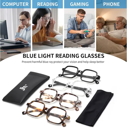 Miniatura 6 de JM 4 Pack Square Reading Glasses, Blue Light Blocking Computer Reader for women men, Spring Hinge