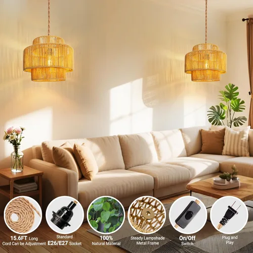 Miniatura 2 de Lámpara colgante de techo de ratán con cable de enchufe para sala de estar, dormitorio, cocina, interior, lámpara colgante enchufable con pantalla