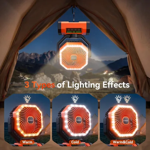 Miniatura 5 de Ventilador de campamento de 20000 mAh con luz LED, ventilador de escritorio oscilante automático con control remoto y gancho, ventilador de tienda