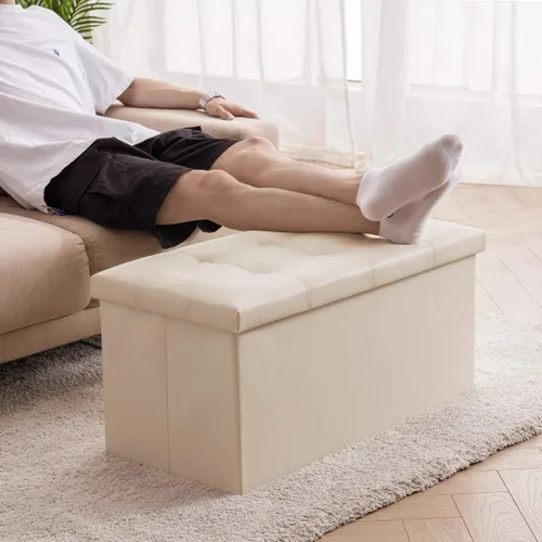 Miniatura 5 de YOUDENOVA Otomana plegable de almacenamiento, otomana de piel sintética, reposapiés otomano, asiento acolchado para dormitorio y sala de estar, Beige
