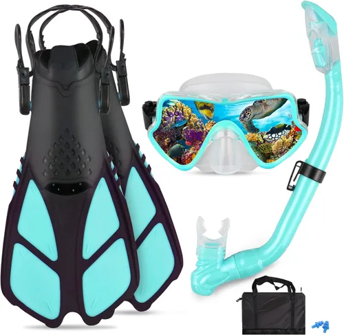 Miniatura 10 de Juego de esnórquel para niños – Aletas ajustables + máscara de esnórquel panorámica + tubo de esnórquel seco + bolsas de viaje – Adecuado para niños