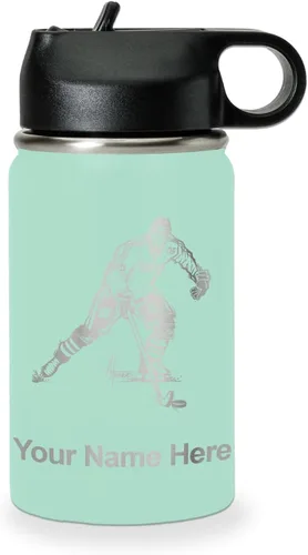 Miniatura 60 de LaserGram Botella de agua personalizada, jugador de hockey, acero inoxidable de doble pared aislada al vacío con popote superior, regalo grabado