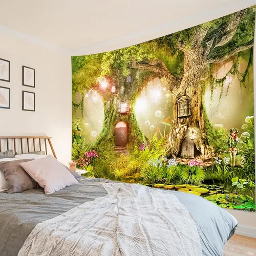 Miniatura 3 de HVEST Tapiz de bosque de cuento de hadas para colgar en la pared, estanque de lirios de agua, árboles mágicos, casas en el país de los sueños, tapiz