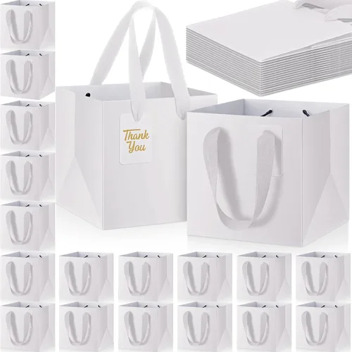 Miniatura 18 de Windyun 25 mini bolsas de regalo de papel con asa de 6 x 6 x 6 pulgadas, pequeñas bolsas cuadradas con etiqueta de agradecimiento para Navidad