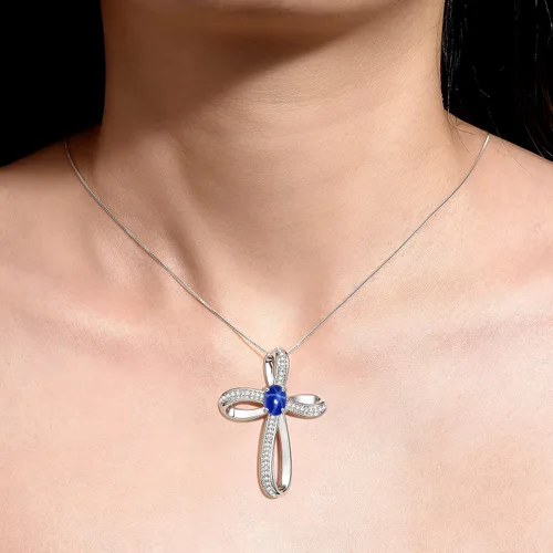 Miniatura 2 de Rylos Collar con cruz de plata esterlina colgante de piedras preciosas y diamantes, cadena de 18, piedra natal de 8X6 mm, joyería elegante para mujer