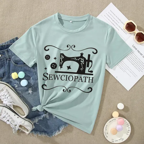 Miniatura 4 de GLIGLITTR Camiseta de mujer para amantes de la costura con estampado de costura, divertida máquina de coser con cuello redondo, manga corta, casual