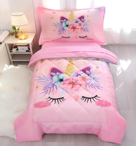 KINBEDY Juego de ropa de cama para niños pequeños, 4 piezas, juego de ropa de cama de unicornio rosa para niñas, suave y lindo diseño floral, juego