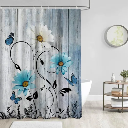 Miniatura 2 de AAtter Cortina de ducha floral azul rústica boho gris blanco amarillo margarita naturaleza negro botánico telón azul verdoso turquesa tela única