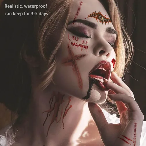 Miniatura 6 de Más de 260 piezas de 36 hojas de tatuajes falsos para Halloween, tatuajes de maquillaje de zombies temporales realistas, tatuajes de cicatrices