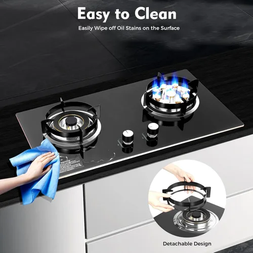 Miniatura 5 de Estufa de Gas de 28 Pulgadas, Estufa de Gas de 2 Quemadores con Superficie de Vidrio Templado Empotrada de Gas Natural para Cocina del Hogar