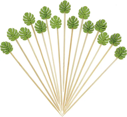 Miniatura 11 de Minisland Palillos de cóctel de hojas de piña de sandía mixtos, palillos de bambú de 4.7 pulgadas de largo para aperitivos, comida hawaiana