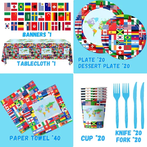 Miniatura 6 de International World Flags - Juego de vajilla de 142 piezas de banderas internacionales, platos y servilletas, tazas, pancartas, mantel de banderas