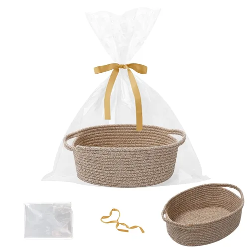 Miniatura 11 de Paquete de 2 canastas pequeñas de cuerda tejida, cesta de regalo vacía con bolsa y cintas, bonita caja organizadora con asa para cumpleaños/baby