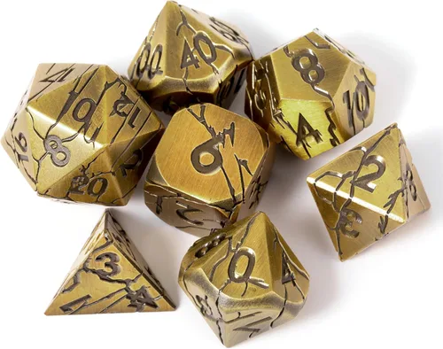 Miniatura 20 de Dados de metal para DND – Ruinas de faraón oro oscuro con grietas moradas – Juego de dados poliédricos para D&D, RPG y más – Bellamente detallados