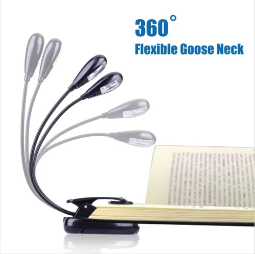 Miniatura 5 de Luz de soporte de música, paquete de 1/2/4/10 luces LED de libro, funciona con batería USB y AAA, lámpara de lectura en la cama, 4 niveles de Negro