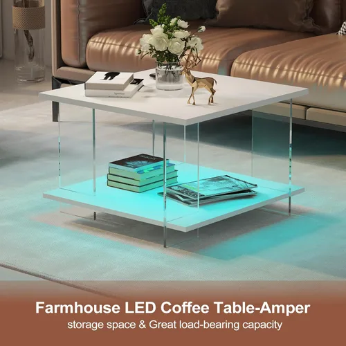 Miniatura 5 de HedoAjim Mesa de café de 24" de acrílico con tablero de madera blanca, mesa central minimalista y moderna de estilo cuadrado para la sala de estar