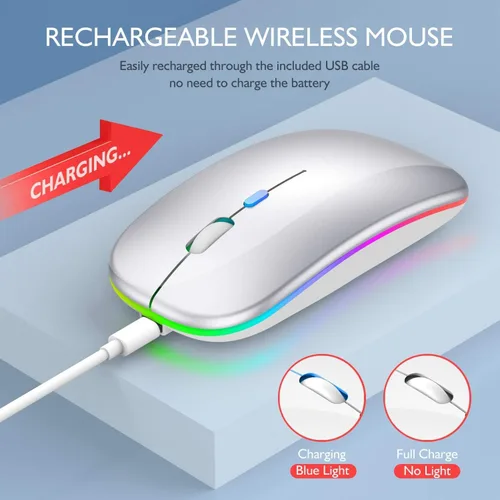 Miniatura 3 de Mouse inalámbrico Bluetooth para MacBook Air/Mac/Pro/portátil/computadora/PC, interruptor de modo dual recargable, mouse Bluetooth 5.2/3.0 y plateado