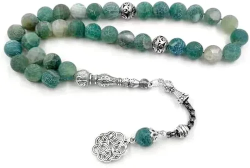 ALBASHAN Tasbih Natural Green agate stone Blue Metal tassel 33 45 66 99 prayer beads islamic fashion stone Muslim Rosary (10mm x 45beads)