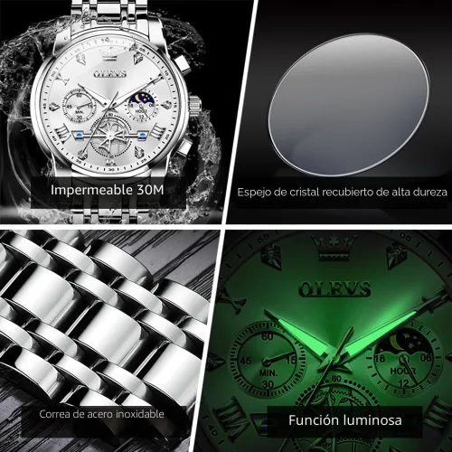Miniatura 4 de OLEVS Relojes para hombre de plata, reloj de cronógrafo de acero inoxidable para hombre, reloj analógico de cuarzo de cara grande para hombre