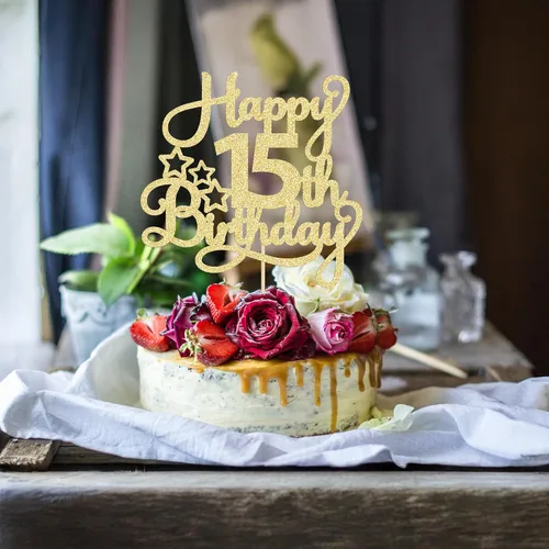 Miniatura 6 de 1 paquete de decoración de pastel de feliz 15 cumpleaños, topper de pastel dorado con purpurina Mis Quince 15, saludos a 15 años, adorno de pastel