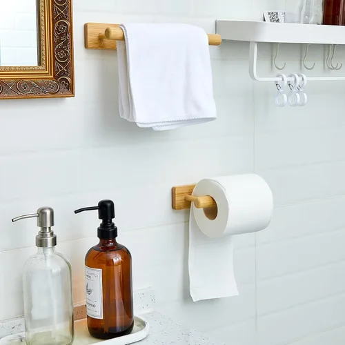 Miniatura 4 de Maxcheck 2 piezas de soporte de bambú para papel higiénico montado en la pared, toallero de madera, soporte para papel higiénico y toallero, juego