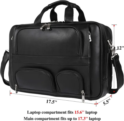 Miniatura 6 de Maletín de cuero de vaca superior para hombres, 17.3 pulgadas, maletín para computadora portátil con cremalleras de metal YKK, apto para viaje