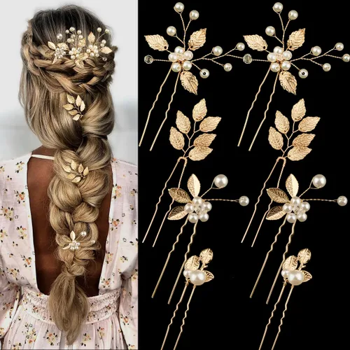 8 horquillas doradas para el cabello de novia, con hojas y perlas, joyería vintage para damas de honor, novias, flores, accesorios para el cabello