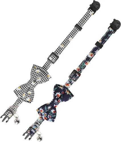 Miniatura 5 de Collar de gato con campanas, lindo corbatín para gato, paquete de 2 collares de seguridad a cuadros y flores para gatito para hembra, macho, gatos