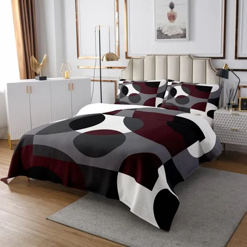 Miniatura 2 de Erosebridal Juego de colcha geométrica roja acolchada de círculo, diseño de líneas de remolinos abstractos, diseño retro, con ojales, geométrico
