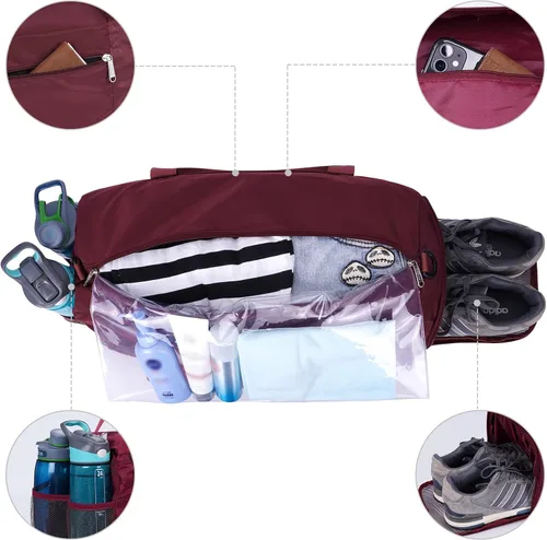 Miniatura 3 de Bolsa deportiva de gimnasio con bolsillo húmedo y compartimento para zapatos, bolsa de yoga ligera para hombres y mujeres, 2-Wine Red-Nueva versión