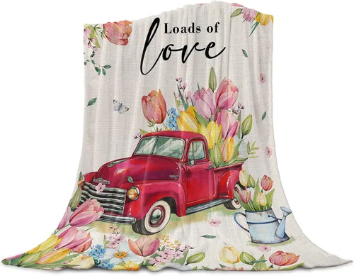 Manta de Pascua de camión rojo, tulipán, manta suave y cálida, manta de franela de flores y mariposas para sofá, cama, manta para el Día de la