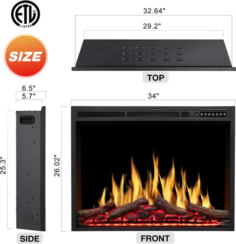 Miniatura 5 de R.W.FLAME - Inserto de chimenea eléctrica de 34" con colores de llama ajustables, colores de leña, velocidad y brillo de la llama, control remoto